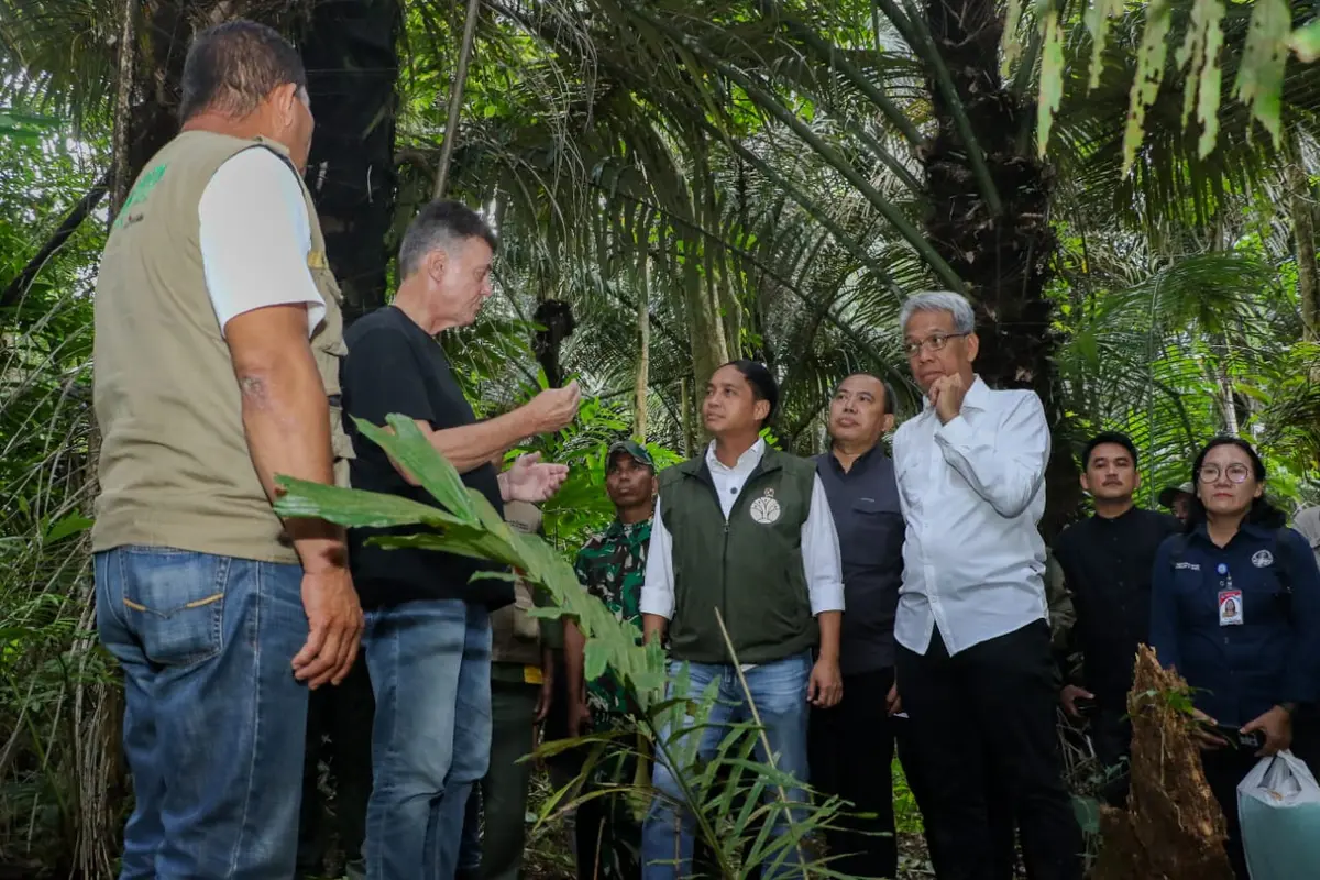 Menhut Raja Juli Antoni (tengah) mendengarkan saat meninjau penyadapan nila aren dan produksi gula semut di Yayasan Masarang, Tomohon, Sulawesi Utara, Jumat (13/12/2024) (Istimewa)