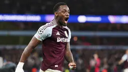 Pemain Aston Villa, Jhon Duran, merayakan kemenangan atas Bayer Munchen pada laga Liga Champions di Stadion di Stadion Villa Park, Kamis (3/10/2024). (David Davies/PA via AP)