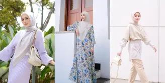 Padukan gamis berwarna pink pastel dengan hijab bermotif berwarna coklat pastel seperti Adelia Pasha ini. [Instagram/adeliapasha]