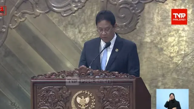 Menkeu Purbaya saat Rapat Paripurna DPR di Jakarta, Kamis (27/8/2026). (Liputan6.com/Arief Rahman H)