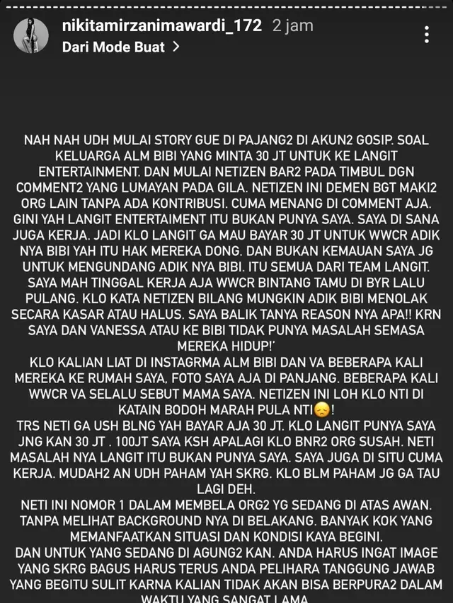 Unggahan Nikita Mirzani. (Foto: Instagram @nikitamirzanimawardi_172)