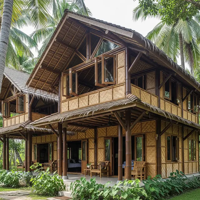 Desain Rumah Kampung dengan Kombinasi Material Alami (AI)