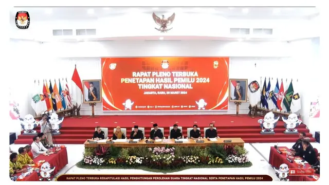 Komisi Pemilihan Umum Republik Indonesia (KPU RI) membacakan hasil rekapitulasi nasional Pemilihan Umum atau Pemilu 2024 pada Rabu (20/3/2024).