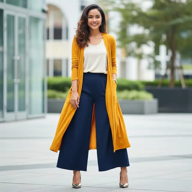 Model Outerwear Kardigan dengan Inner dan Celana Palazzo