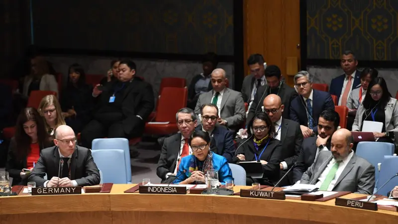 Menteri Luar Negeri RI Retno Marsudi di Dewan Keamanan PBB, New York, membahas isu perdamaian Kolombia - FARC (23/1/2019) (kredit: Kemlu RI)