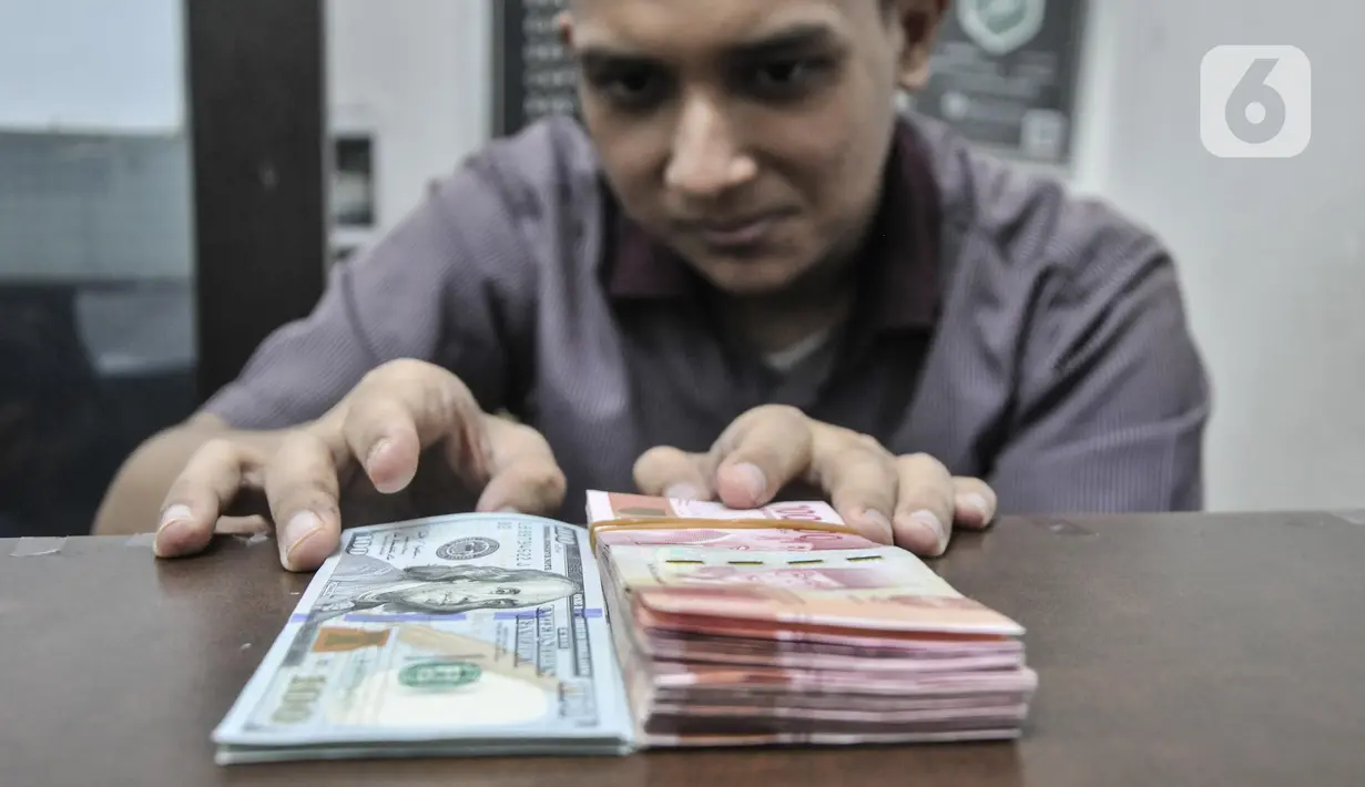 Pegawai menunjukkan uang rupiah dan dolar AS di salah satu gerai money changer di Jakarta, Senin (4/7/2022). Melansir data Refinitiv, hingga 4 Juni 2022 pukul 11:10 WIB rupiah melemah 0,15 persen ke Rp14.957 per USD 1. (merdeka.com/Iqbal S Nugroho)