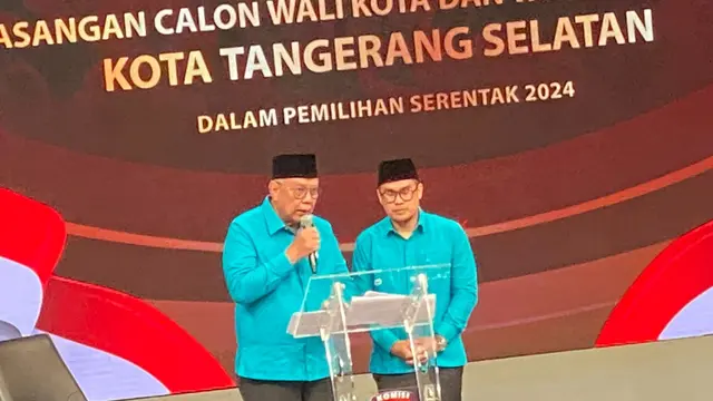 Pasangan nomor urut 1, Benyamin Davnie dan Pilar Saga Ichsan saat menyampaikan visi dan misi di debat Pilkada Kota Tangsel. (Liputan6.com/Pramita Tristiawati)