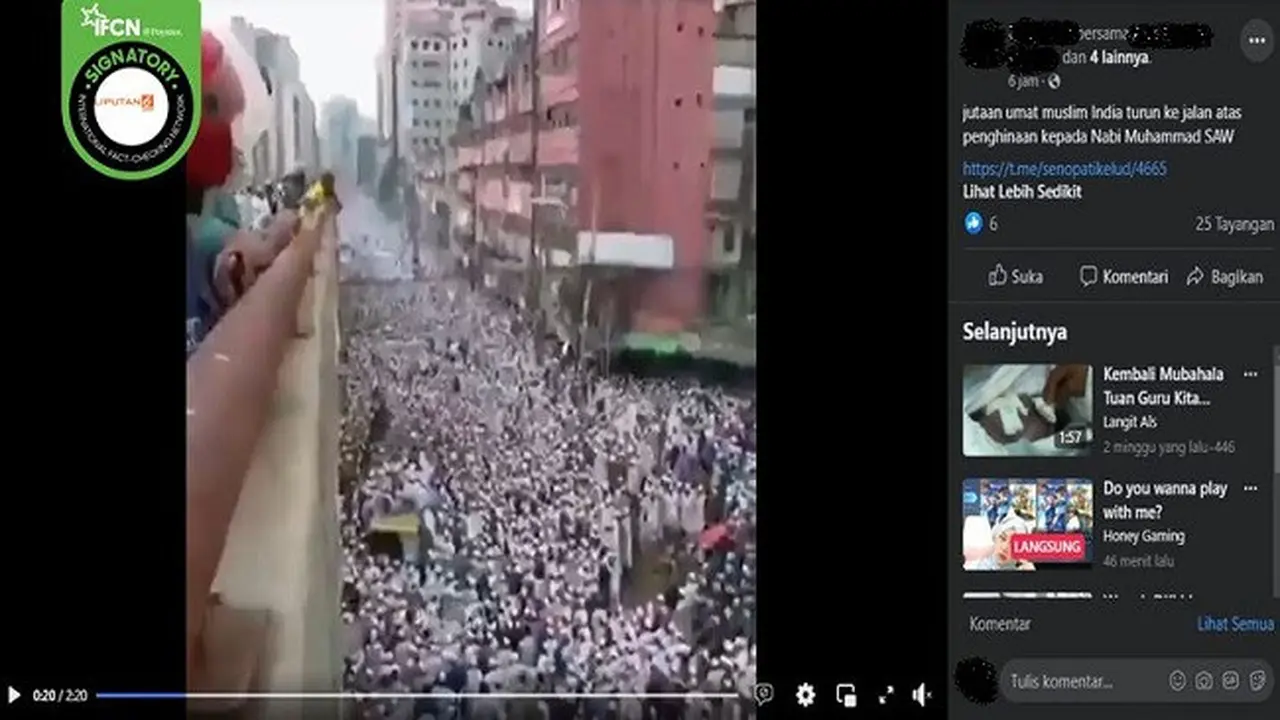 Gambar Tangkapan Layar Video yang Diklaim Jutaan Umat Muslim India Turun ke Jalan, Protes Penghinaan Terhadap Nabi Muhammad SAW (sumber: Facebook).