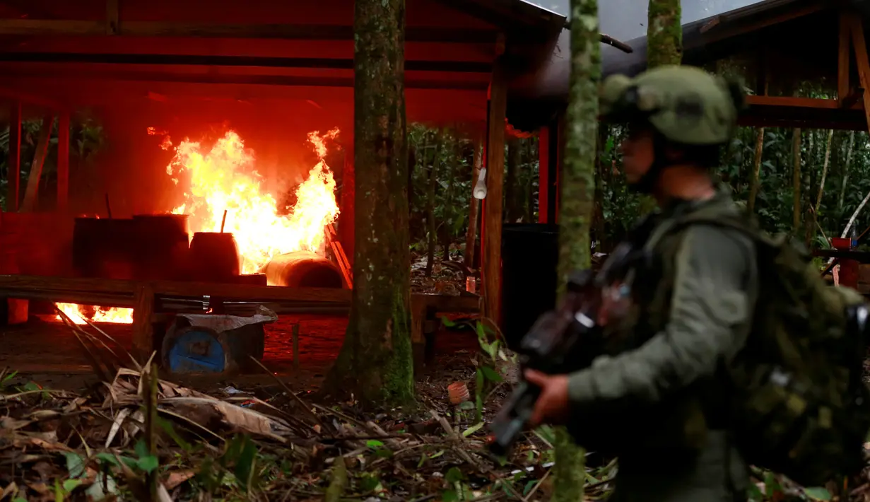 Polisi Kolombia membakar laboratorium pembuatan kokain di tengah hutan di daerah pedesaan Calamar, Guaviare, Kolombia, Selasa (2/8). Dalam operasi besar selama 5 hari ditemukan ada 104 pabrik kokain. (REUTERS/John Vizcaino)