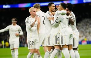 Selebrasi Kylian Mbappe dkk, dalam laga Real Madrid vs Monaco di Liga Champions, Rabu (21/1/2026). (AP Photo/Jose Breton)