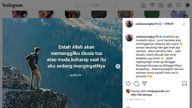 Unggahan Zaskia Sungkar soal Vanessa Angel. (Foto: Instagram @zaskiasungkar15)