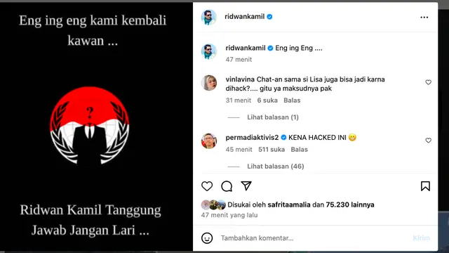 Tangkapan akun Instagram Ridwan Kamil yang memposting sebuah gambar yang tidak biasanya. (Istimewa)