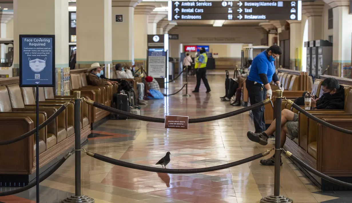 Seekor merpati berkeliaran di ruang tunggu Union Station, pusat kota Los Angeles, Rabu (17/3/2021). Presiden Akademi David Rubin mengonfirmasi acara Academy Awards ke-93 atau Oscars 2021 akan digelar di dua lokasi berbeda, yakni Dolby Theater dan stasiun kereta Union Station. (VALERIE MACON/AFP)