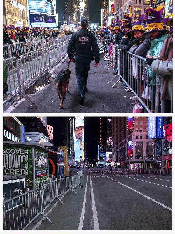 Dalam kombinasi foto petugas K-9 Departemen Kepolisian New York berjalan dengan anjingnya selama perayaan Malam Tahun Baru di sepanjang Seventh Avenue, di Times Square New York 31 Desember 2019. Di foto bawah, Seventh Avenue sebagian besar kosong pada 31 Desember 2020.  (AP Photo/Craig Ruttle)