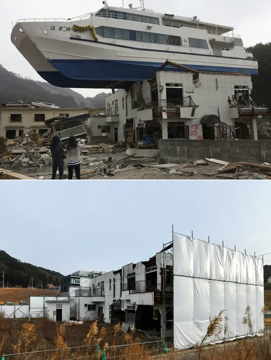 Foto kombinasi menunjukkan sebuah perahu wisatawan tersangkut di sebuah bangunan dua lantai setelah tersapu tsunami di Otsuchi, Prefektur Iwate, Jepang, pada 16 April 2011 (atas) dan situasi lokasi yang sama hampir 10 tahun kemudian, pada 28 Januari 2021 (bawah). (AFP/Toru Yamanaka, Kazuhiro Nogi)