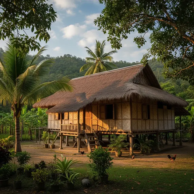 Desain Rumah Kampung dengan Kombinasi Material Alami (AI)