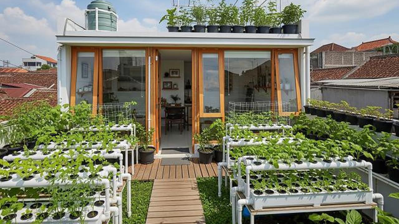 Konsep Berkebun Produktif di Atap/Rumah Compact dengan Atap Tanaman Hijau Anti Panas dan Bocor (Sumber: gemini.com)