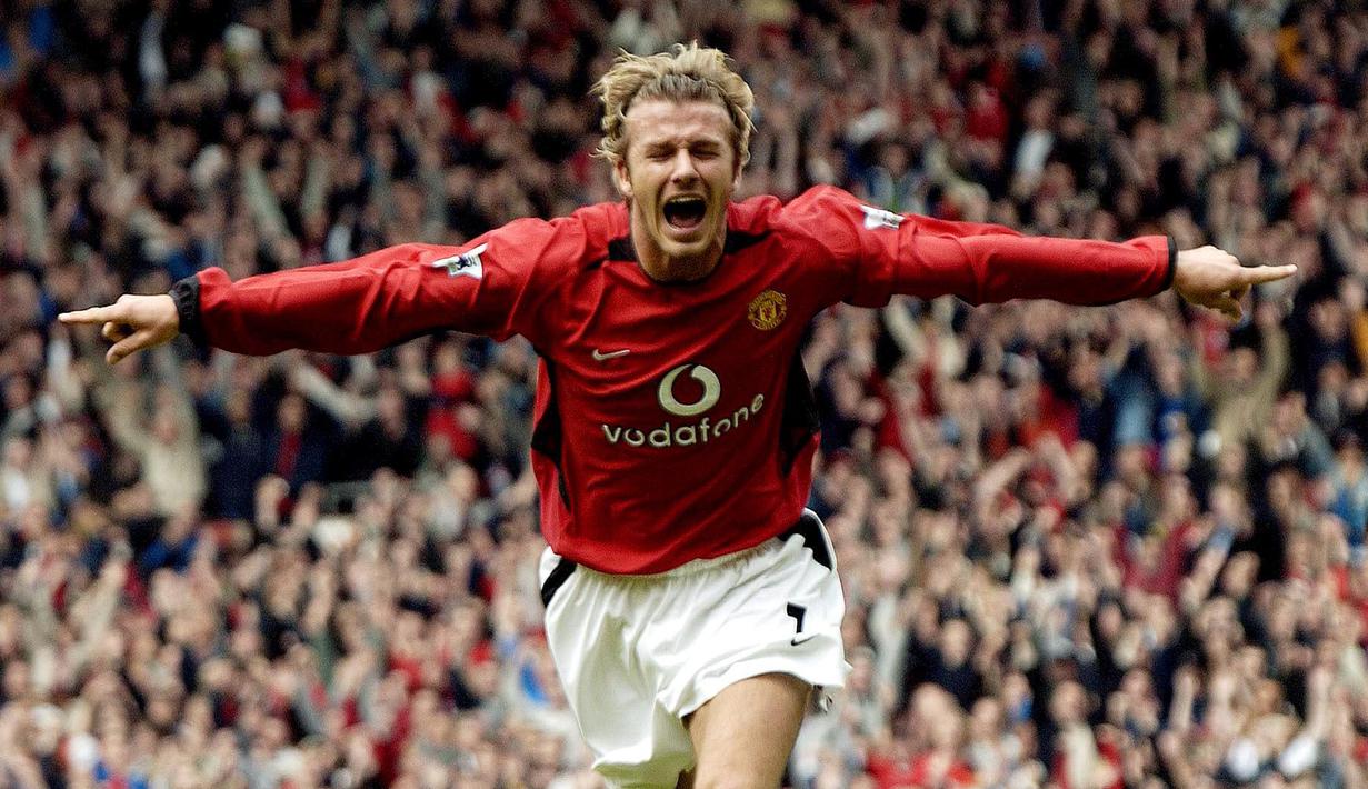 David Beckham salah satu legenda Manchester United dan bintang sepak bola dunia yang pernah menggunakan jersey nomor tujuh di Old Trafford. (AFP/Paul Barker)