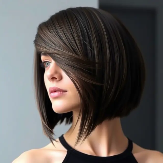 Bob Asimetris dengan Side-Swept Bangs