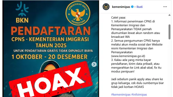 <p>Tangkapan layar akun Instagram Kementerian Imigrasi dan Pemasyarakatan Republik Indonesia mengenai hoaks CPNS 2025.</p>