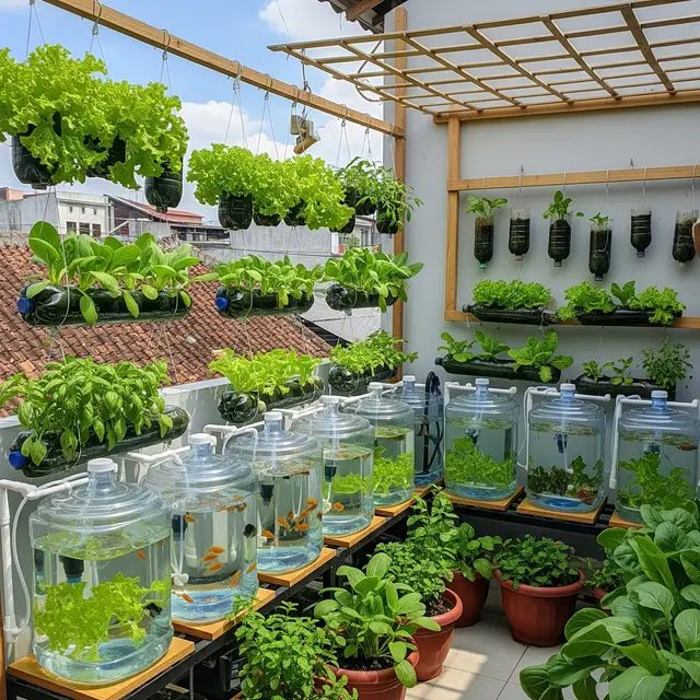 Inspirasi Urban Farming dengan Kombinasi Galon Ikan dan Sayuran Gantung (AI)