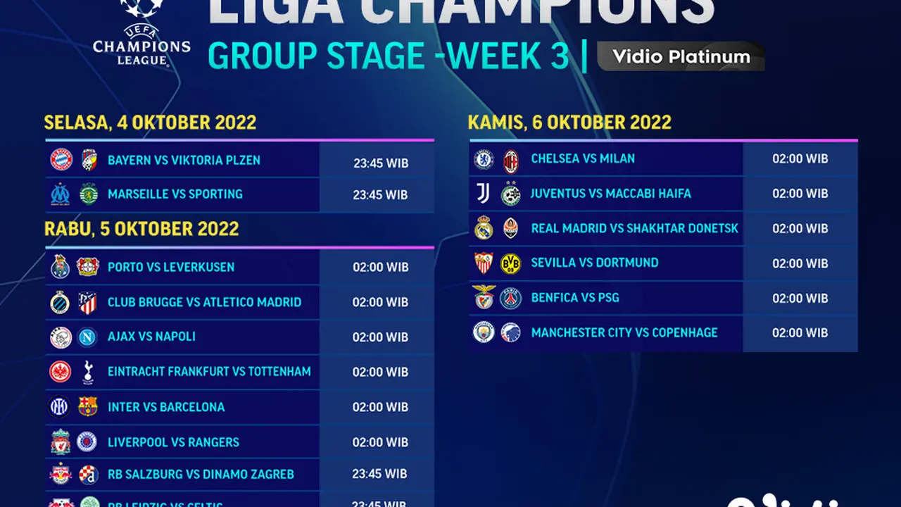 Jadwal dan Live Streaming Liga Champions 2022/2023 Matchday 3 di Vidio, 4-6 Oktober 2022