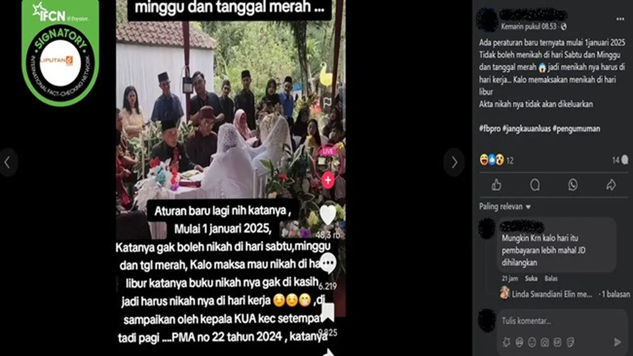 Gambar tangkapan layar kabar tentang Kementerian Agama (Kemenag) melarang menikah saat hari libur. (sumber: Facebook)