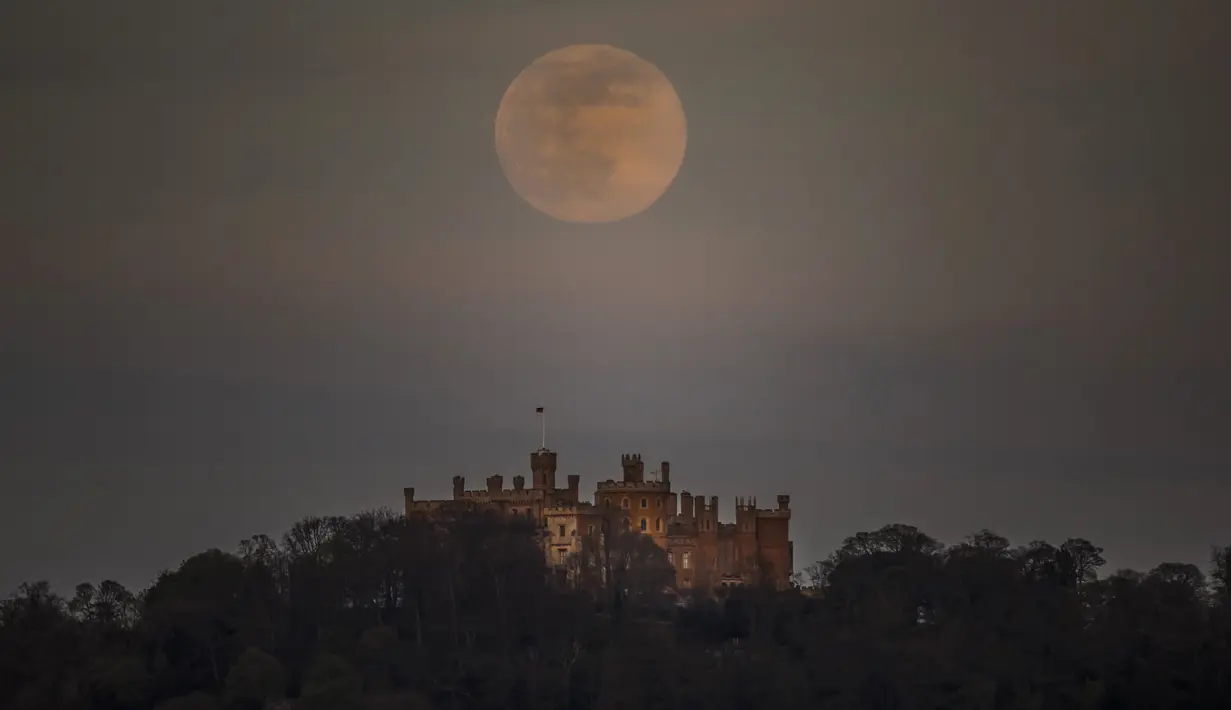 Supermoon merah muda terlihat di atas Kastil Belvoir, Leicestershire, Inggris, Selasa (7/4/2020). Fenomena dimana bulan berada pada titik terdekat dengan bumi ini merupakan penampakan supermoon terbesar di tahun 2020. (Danny Lawson/PA viaAP)