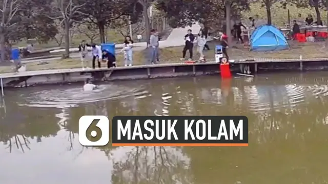 Detik-detik seorang bocah melompat ke sebuah kolam. Ia berhasil diselamatkan oleh warga yang tengah memancing di sekitar tempat kejadian.