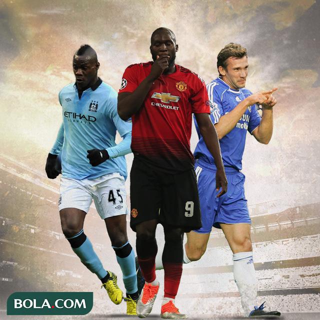 Ilustrasi - Andriy Shevchenko, Mario Balotelli, Romelu Lukaku Dengan Baju Premier League