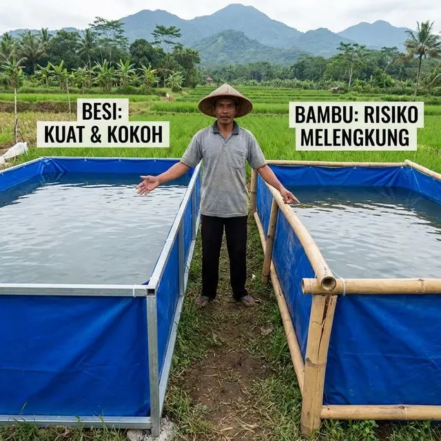Perbandingan kolam terpal besi dan bambu (Gemini AI)