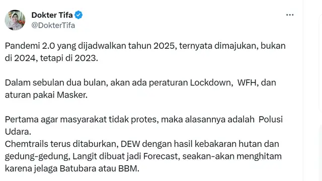 Dokter Tifa Sebut Polusi Udara Hanya Alasan agar Masyarakat Tak Protes Soal Pandemi 2.0