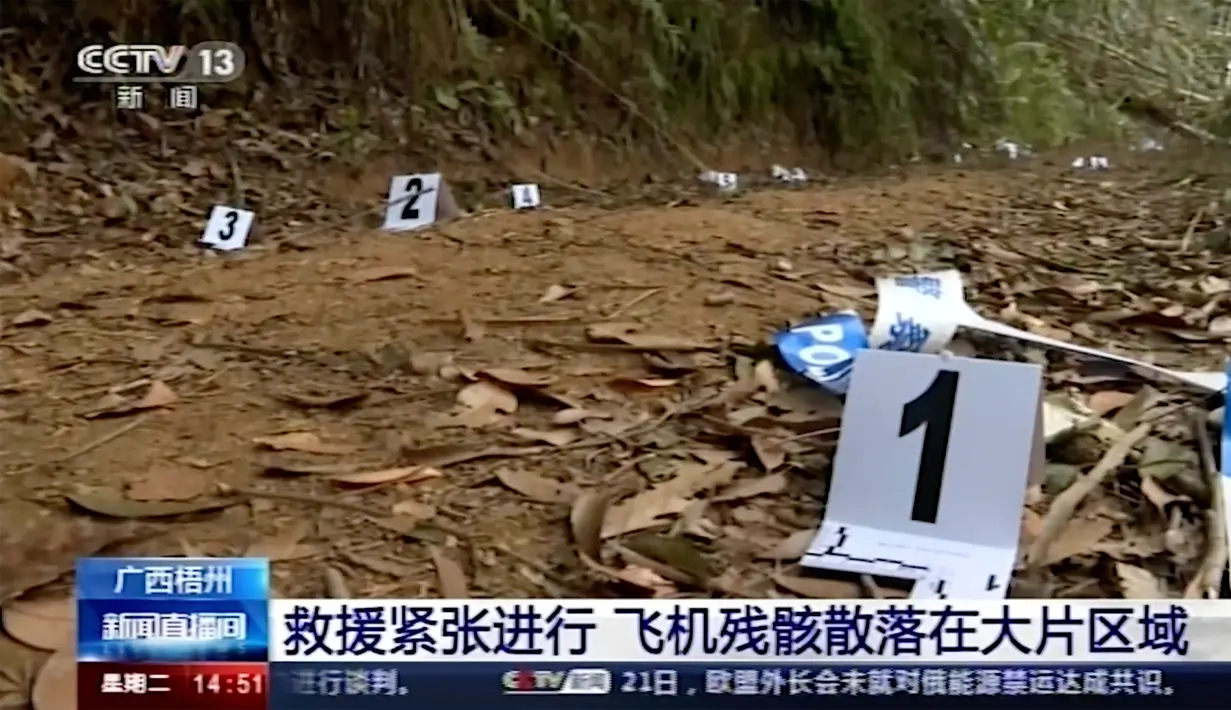 Puing-puing yang ditandai dengan angka terlihat di lokasi kecelakaan pesawat maskapai China Eastern Airline di Tengxian, Daerah Otonomi Guangxi Zhuang, Selasa (22/3/2022). Pesawat itu jatuh di area pegunungan di Guangxi dan turut memicu kebakaran di hutan. (CCTV via AP Video)