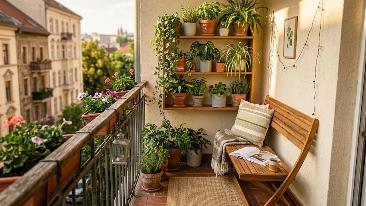 Desain Balkon Sempit dengan Rak Tanaman dan Bangku Lipat