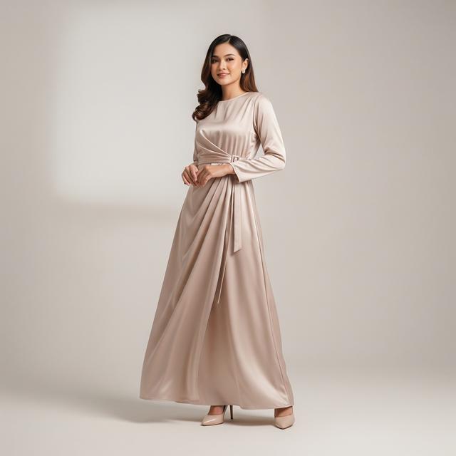 1. Gamis Satin dengan Aksen Belt
