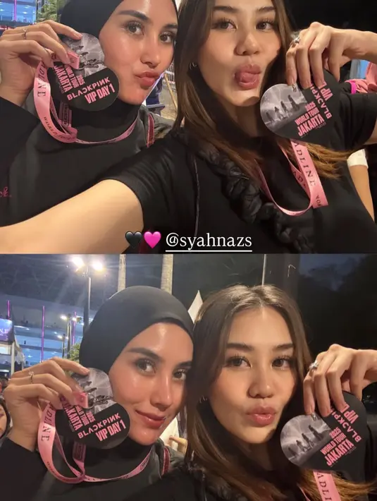 Aaliyah Massaid tampil dengan atasan lengan pendek hitam body fit. Syahnaz mengenakan kerudung hitam senada dengan atasannya. [@aaliyah.massaid]