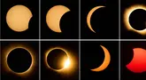 Foto gabungan ini memperlihatkan urutan saat bulan menutupi matahari dalam gerhana matahari total yang terlihat dari Berlanga de Duero, Spanyol tengah, pada hari Rabu, 12 Agustus 2026. (Foto AP/Bernat Armangue)