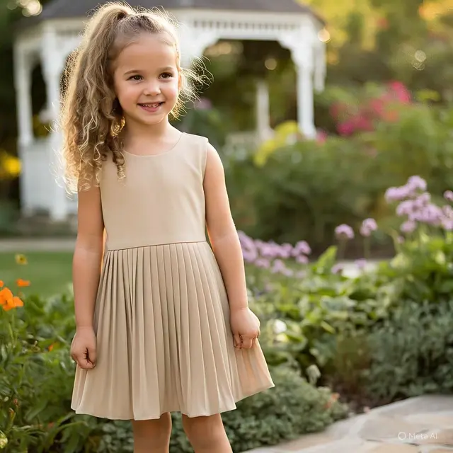 Gaun Azra Pleated Kids Dress Warna Sand