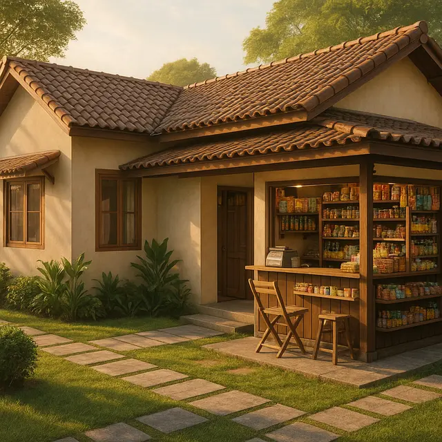 Desain  Rumah L-Shape dengan Warung di Teras Samping