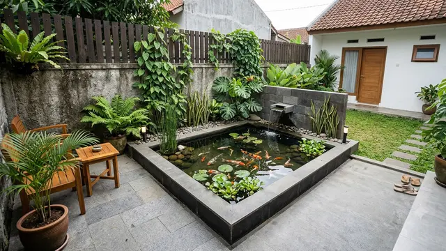 Inspirasi Kolam Sudut Berbentuk Segitiga dengan Desain Minimalis yang Bikin Halaman Kecil Terasa Luas Model Menyatu dengan Sudut Pagar