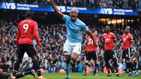 Manchester City unggul 2-0 atas Manchester United pada babak pertama, laga pekan ke-33 Premier League, di Stadion Etihad, Sabtu (7/4/2018) waktu setempat. (AFP/Ben Stansall)