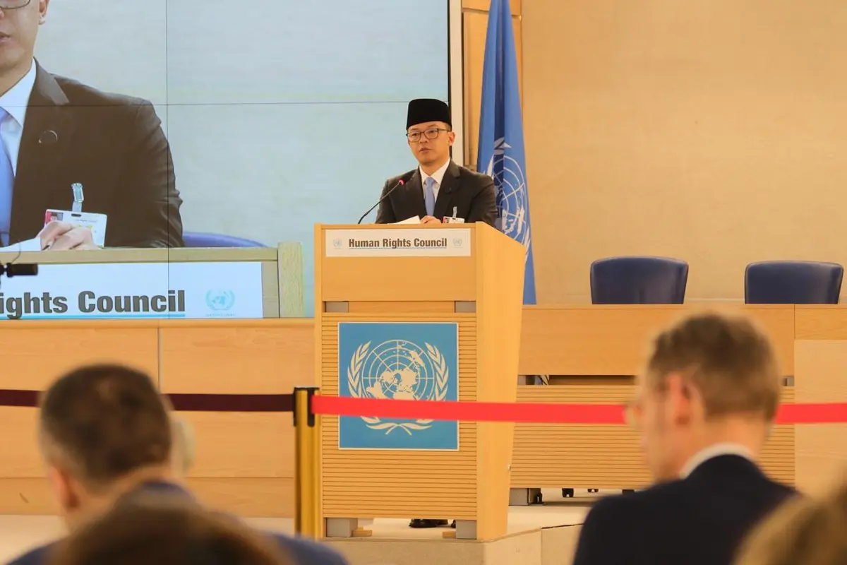 Menteri Luar Negeri RI Sugiono dalam Pertemuan High-Level Segment Dewan Hak Asasi Manusia (Dewan HAM) PBB Sesi ke-58 di Jenewa, Swiss (24/2/2025). (Dok. Kemlu RI)