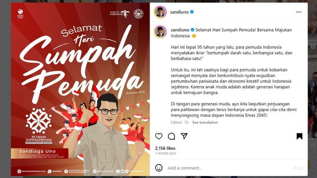 Menparekraf Sandiaga Uno mengucapkan Selamat Hari Sumpah Pemuda yang jatuh tepat pada hari ini, Sabtu (28/10/2023).