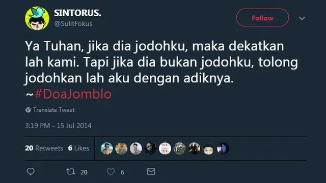 Alih-alih serius, cuitan 'doa jomblo' berikut ini malah bikin ngakak karena kocak.