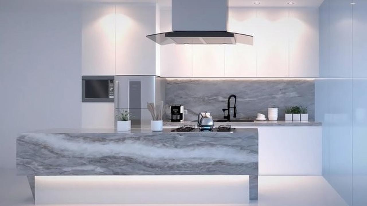 9 Potret Dapur Raditya Dika yang Elegan, Kitchen Island Full Marmer - Ada Tatakan Unik
