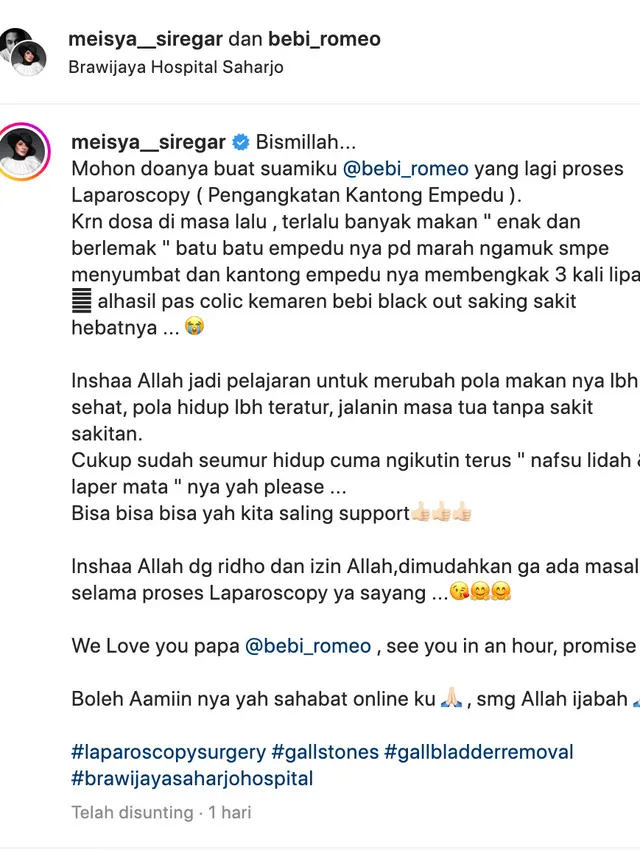 Unggahan Meisya Siregar soal Bebi Romeo jalani operasi pengangkatan kantong empedu. (Foto: Dok. Instagram @meisya__siregar)