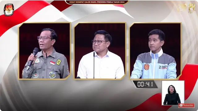 Ketiga Calon Wakil Presiden (Cawapres) yaitu Muhaimin Iskandar, Gibran Rakabuming Raka, dan Mahfud Md saat debat cawapres Pilpres 2024 yang digelar di JCC Senayan, Jakarta, Minggu (21/1/2024).