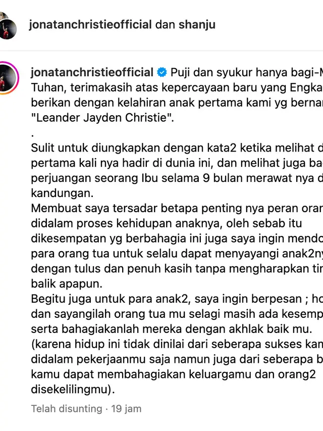 Unggahan Jonatan Christie. (Foto: Dok. Instagram @jonatanchristieofficial)