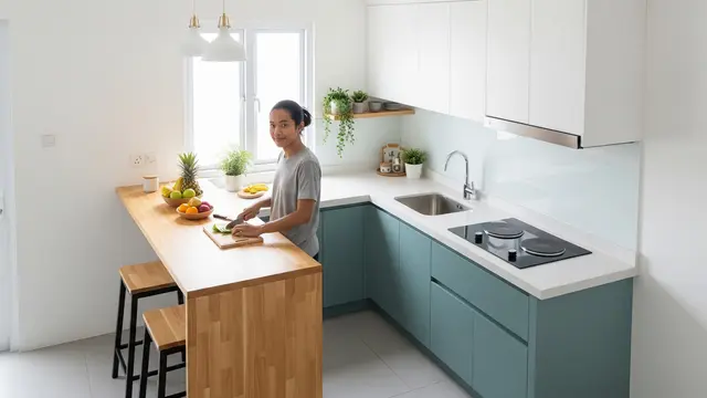 Dapur dengan Meja Bar Multifungsi Sebagai Pembatas (Gemini AI)
