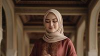 Gamis Mahogany Brokat Kombinasi Organza (created by Meta AI)